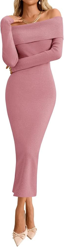 Wenrine Womens Off The Shoulder Bodycon Sweater Dress 2025 Elegant Long Sleeve Cocktail Party Mid... | Amazon (US)