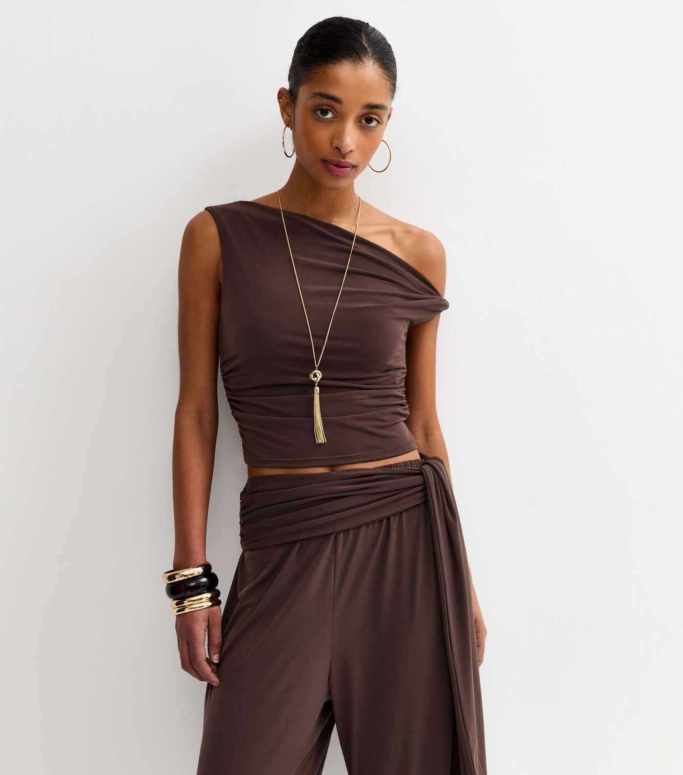 Dark Brown Draped Off The Shoulder Top | New Look | New Look (UK)