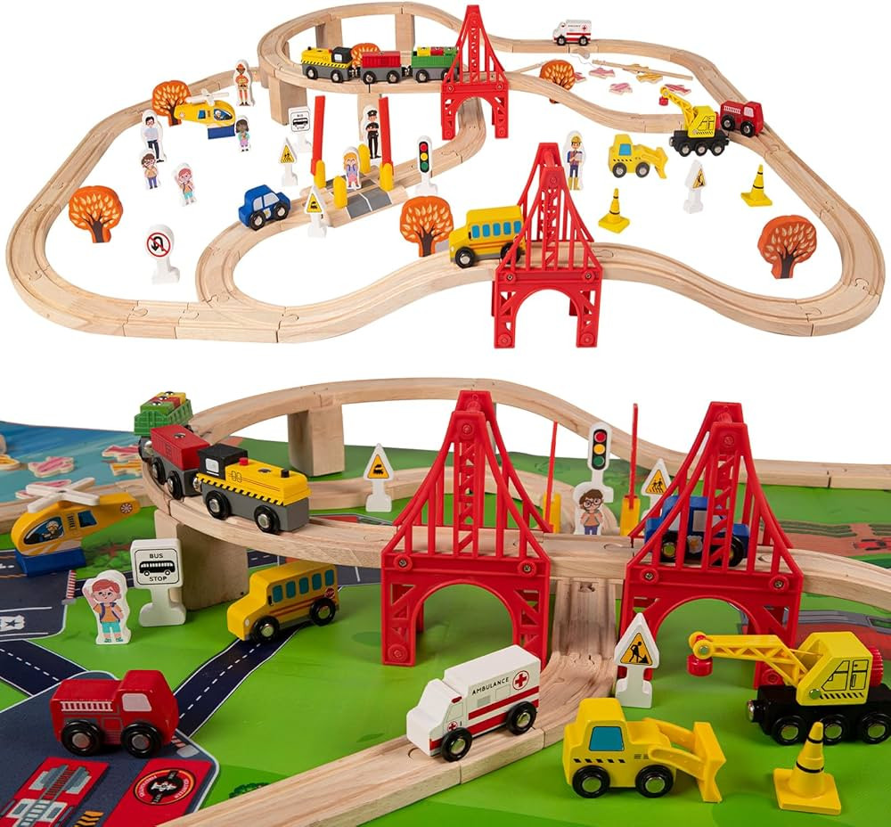 100 Pcs Wooden Train Track Set, Toys Train Railway Vehicles for 3-10 Years Old Kids Boys & Girls ... | Amazon (US)