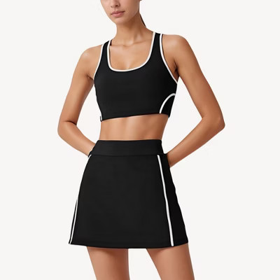 Anna-Kaci Active Women's Two-Piece Activewear Set with Contrast Trim Sports Bra Tank and High Waist Skirt - Large, Black | Target