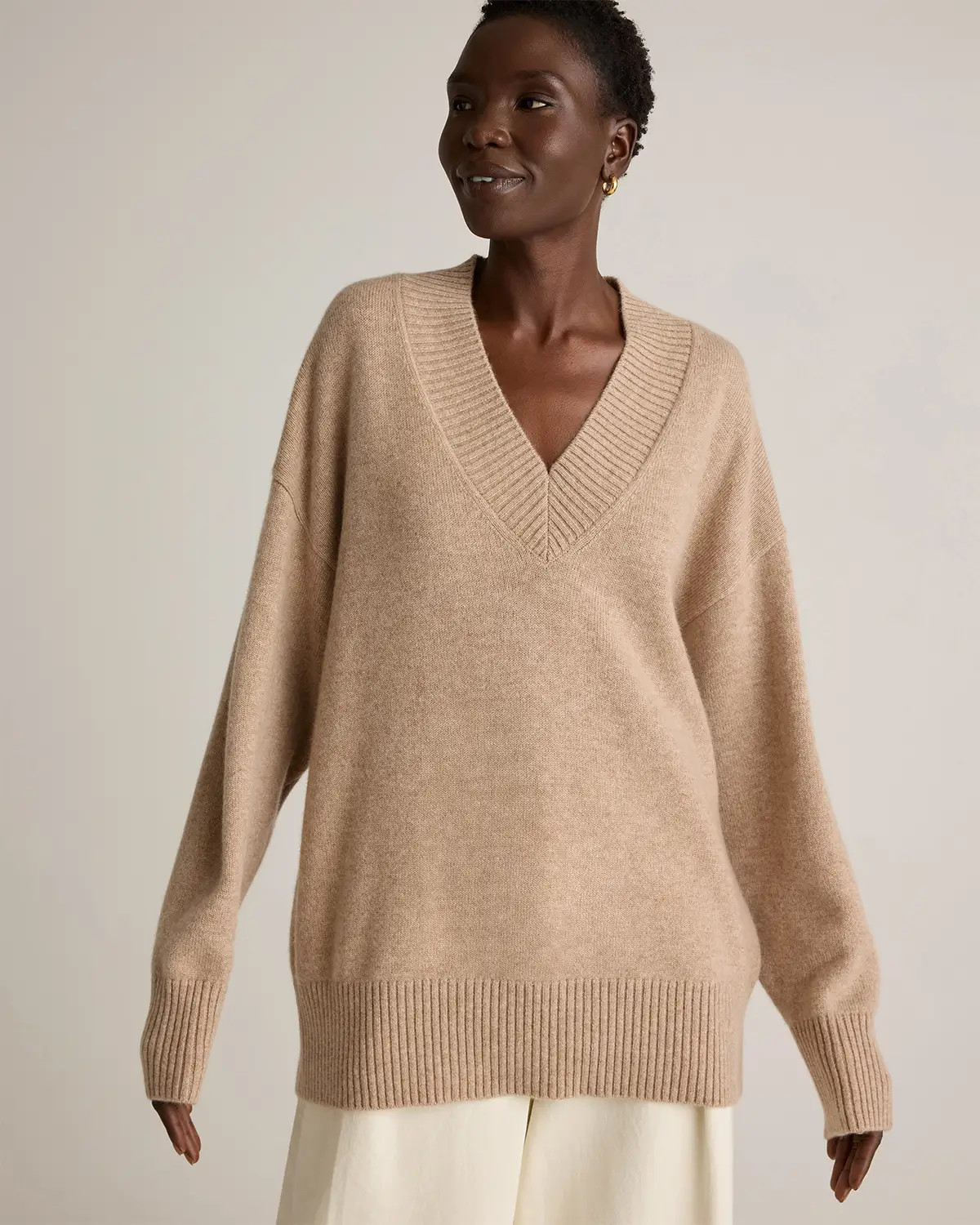 Mongolian Cashmere Oversized V-Neck Sweater in Oatmeal | Quince