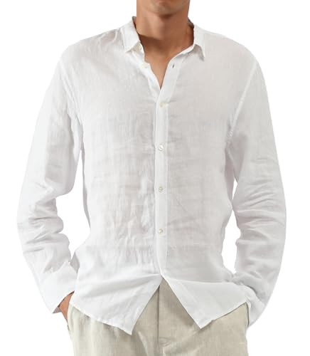 CLSEN Linen Shirt for Men and Women Unisex 100% Long Sleeve Button Down Relaxed Fit in White and Navy (US, Alpha, Small, Regular, Regular, White) | Amazon (US)