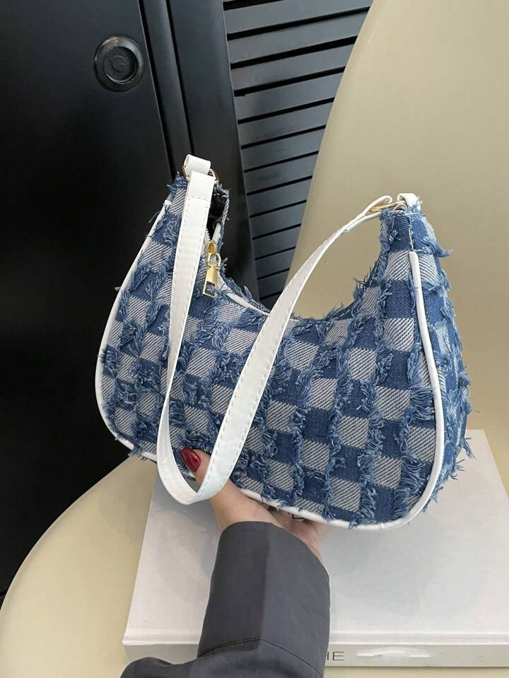 Small Hobo Bag Plaid Pattern Contrast Binding Design Denim Bag | SHEIN