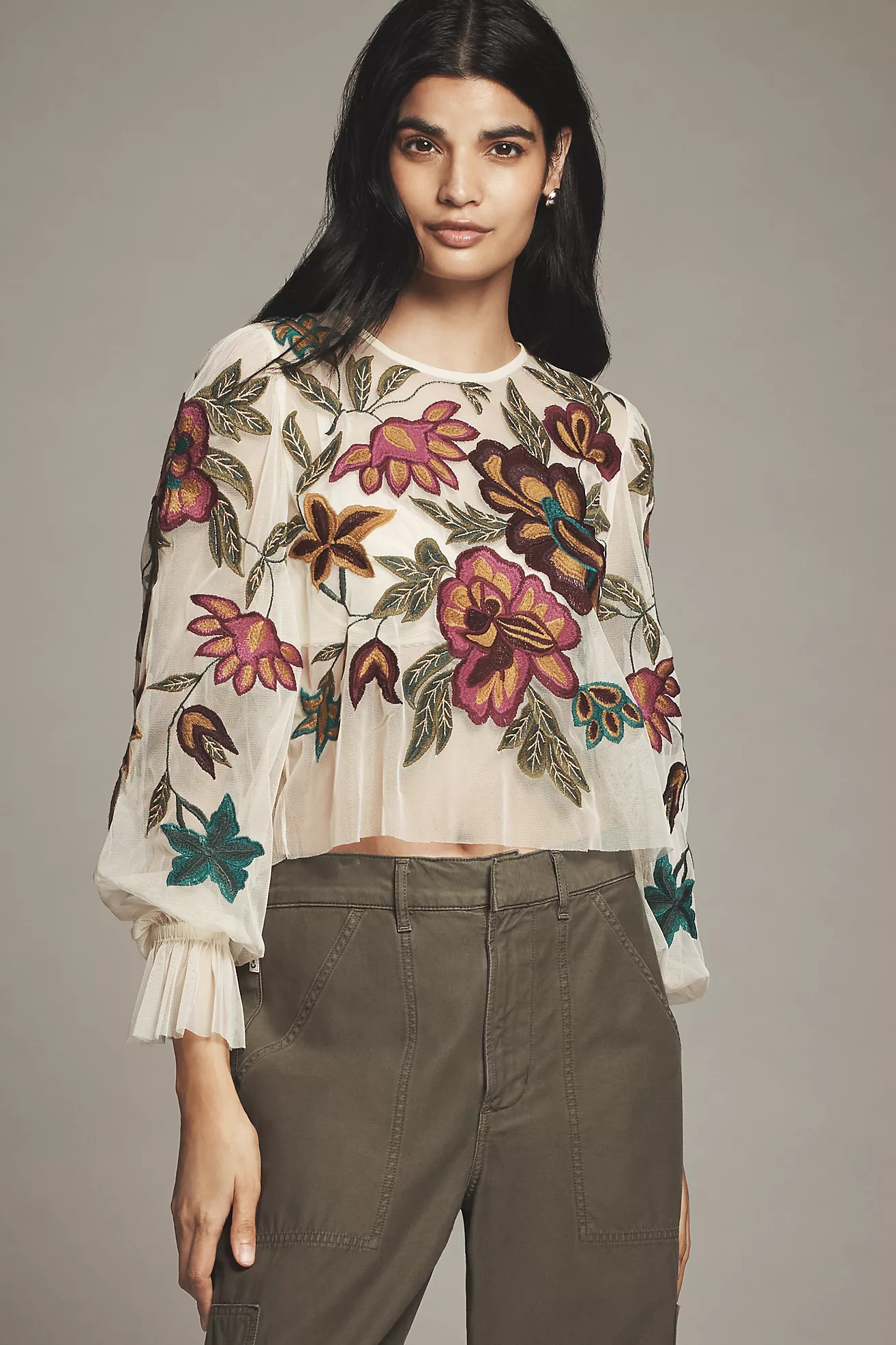 The Layla Long-Sleeve Appliqué Mesh Blouse | Anthropologie (US)