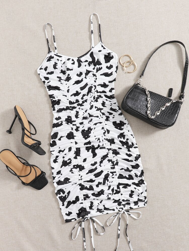 SHEIN Cow Print Drawstring Ruched Bodycon Dress | SHEIN