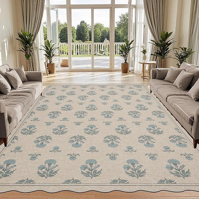 Scalloped Easy Jute 5x7 Area Rug, Vintage Blue Floral Farmhouse Washable Rug, Non-Slip Indoor Out... | Amazon (CA)