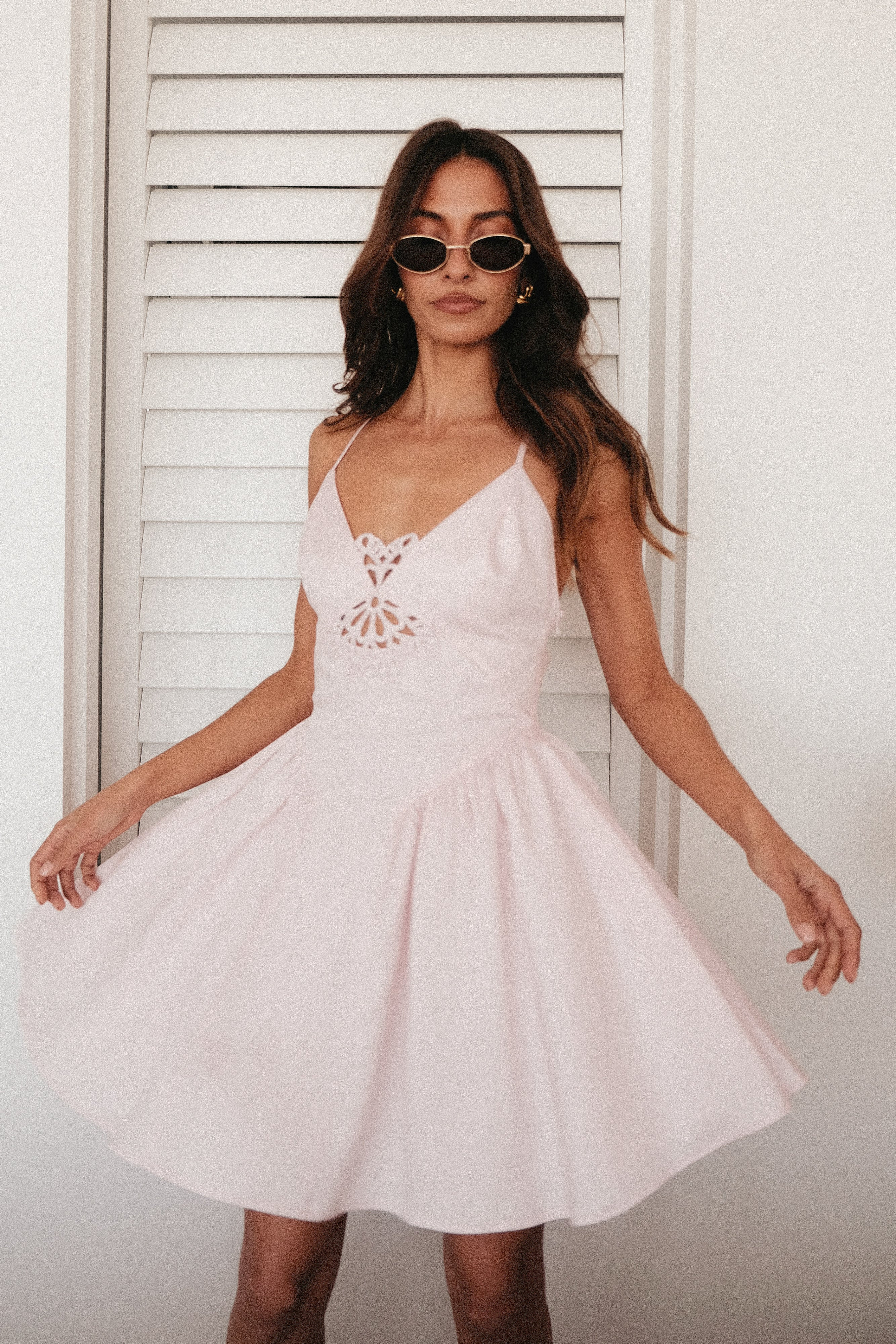 Cotton Mini Dress With Crochet - Powder Pink | MESHKI US