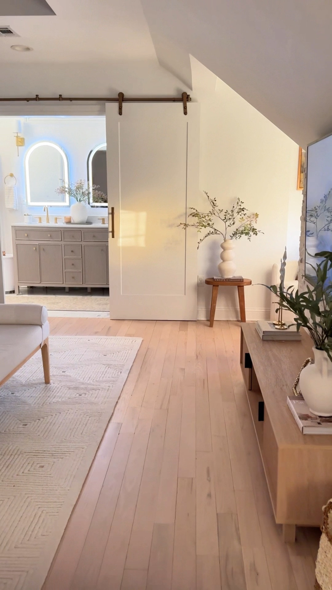 One of the best decision that we did in our master bedroom was to add these semi-custom barn doors. 

I ordered 2 (36x84 ) 1 panel wood door and added (1) barn door hardware kit long enough to attach both on the same track.  Ps: we spray painted the hardware in a brass color so it could match with the rest of our space design. 

I’m loving how they turned out!! Absolutely 1000/10 recommend !! 🤎

Barn doors, barn door Inspo, bedroom Inspo, neutral bedroom, barn door 

#LTKStyleTip #LTKHome #LTKMostLoved
