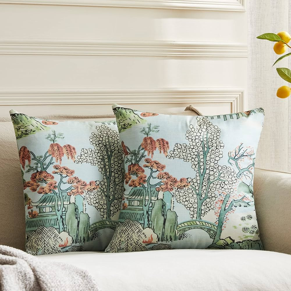 Pack of 2, Chinoiserie Pillow Cover 20 x 20 Inch Asian Scenic Blue and Pink Throw Pillow Covers L... | Amazon (US)