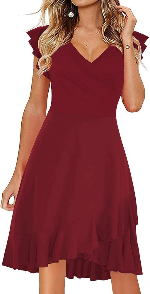 IHOT Womens Summer Casual Dress Cross V Neck Ruffle Sleeve A Line Cocktail Party Work Dress with Poc | Amazon (US)