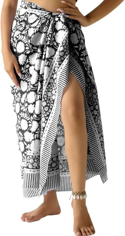 100% Cotton Sarong Cover Up for Women Indian Block Print Beach Wrap Skirt Long Boho Swimsuit Biki... | Amazon (US)