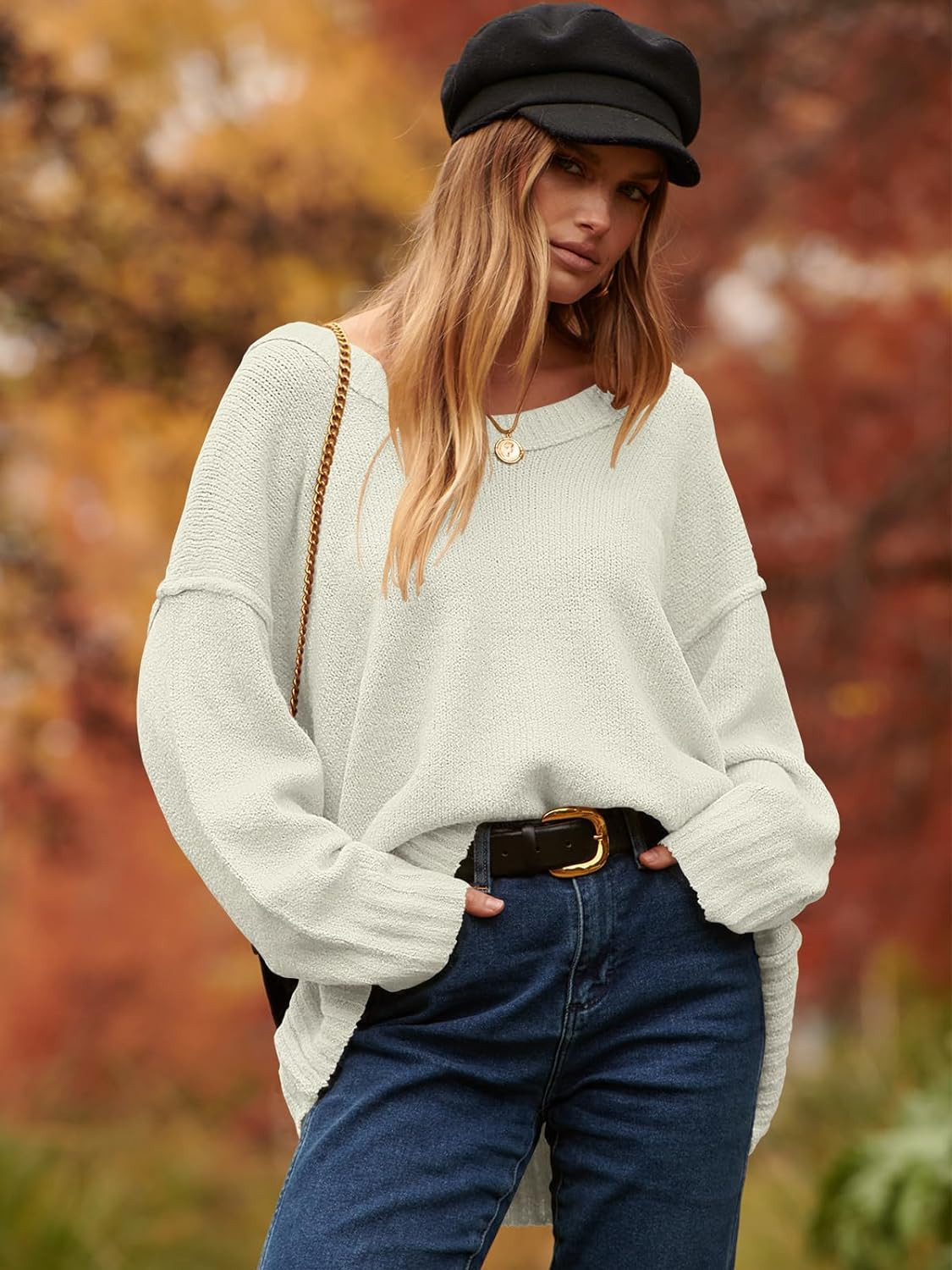 ANRABESS Women's Oversized Sweater Casual Off Shoulder Scoop Neck Batwing Sleeve Knit 2023 Trendy... | Amazon (US)