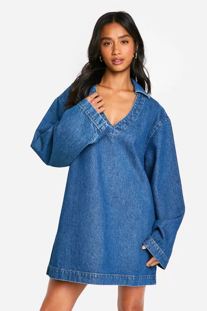 Petite Flare Sleeve Denim Shift Dress | boohoo (US & Canada)
