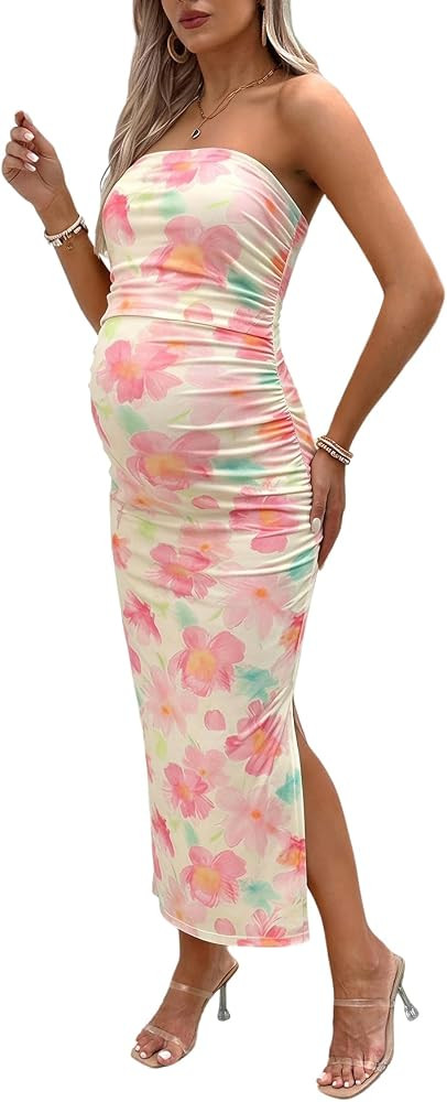 Milumia Strapless Maternity Wedding Guest Dress Summer Baby Shower Dress | Amazon (US)