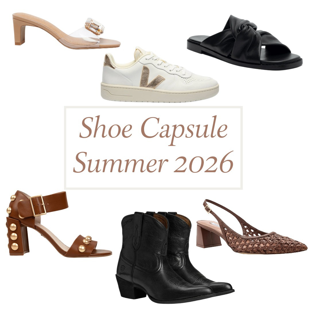 Summer shoe capsule wardrobe for summer 2026. Loving open weave leather, studded sandals, touches of gold, soft leather, western boots, and comfort.  

 #LTKSeasonal #LTKOver40 #LTKWorkwear