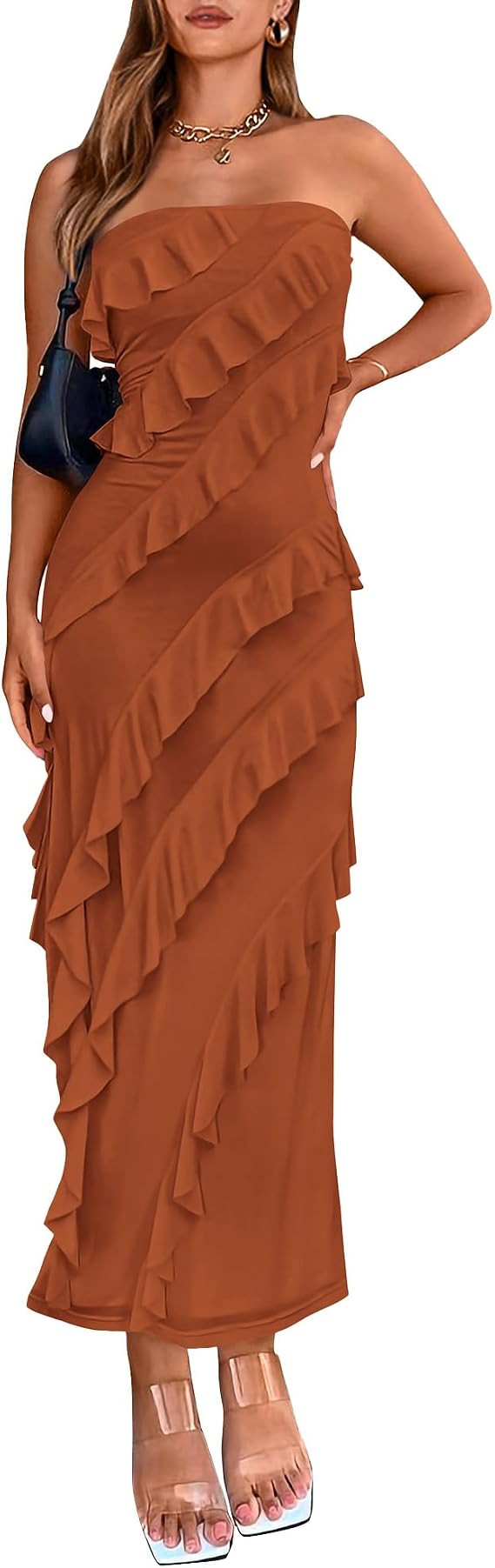 BTFBM Women Summer Elegant Strapless Midi Ruched Bodycon Dress Solid Color Stretch Mesh Slim Part... | Amazon (US)