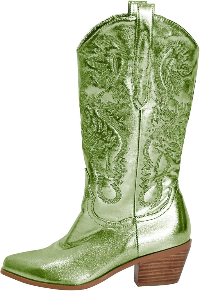 MissHeel Mid Calf Cowgirl Boots Embroidered Block Chunky Heel in Pink Silver | Amazon (US)