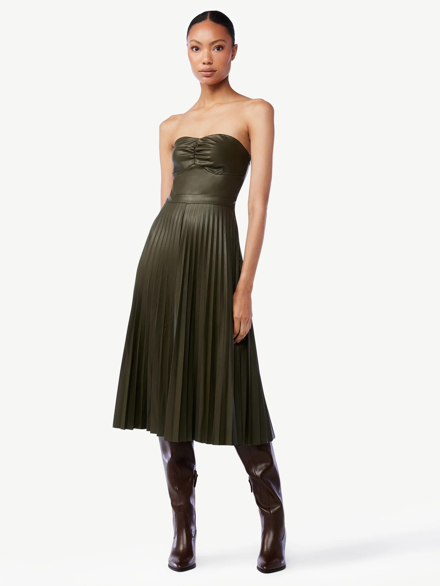 Scoop Women's Faux Leather Strapless Pleated Midi Dress - Walmart.com | Walmart (US)