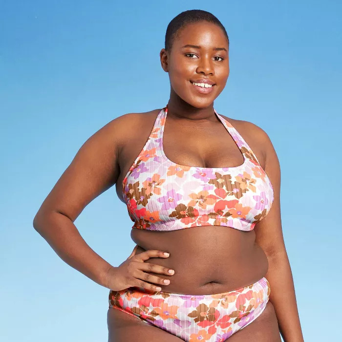 Juniors' Plus Size Ribbed Halter Bralette Bikini Top - Xhilaration™ Multi Floral | Target