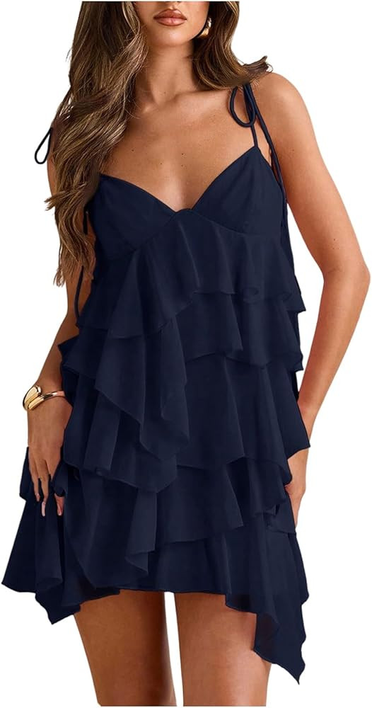 OYOANGLE Women's Summer Dress Chiffon Mini Tie Shoulder Sleeveless Sundress | Amazon (US)