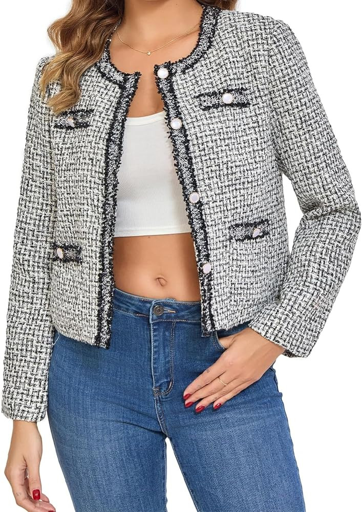 Xaspee Women's Tweed Blazers Cropped Long Sleeve Crewneck Open Front Lace Trim Lightweight Plaid ... | Amazon (US)