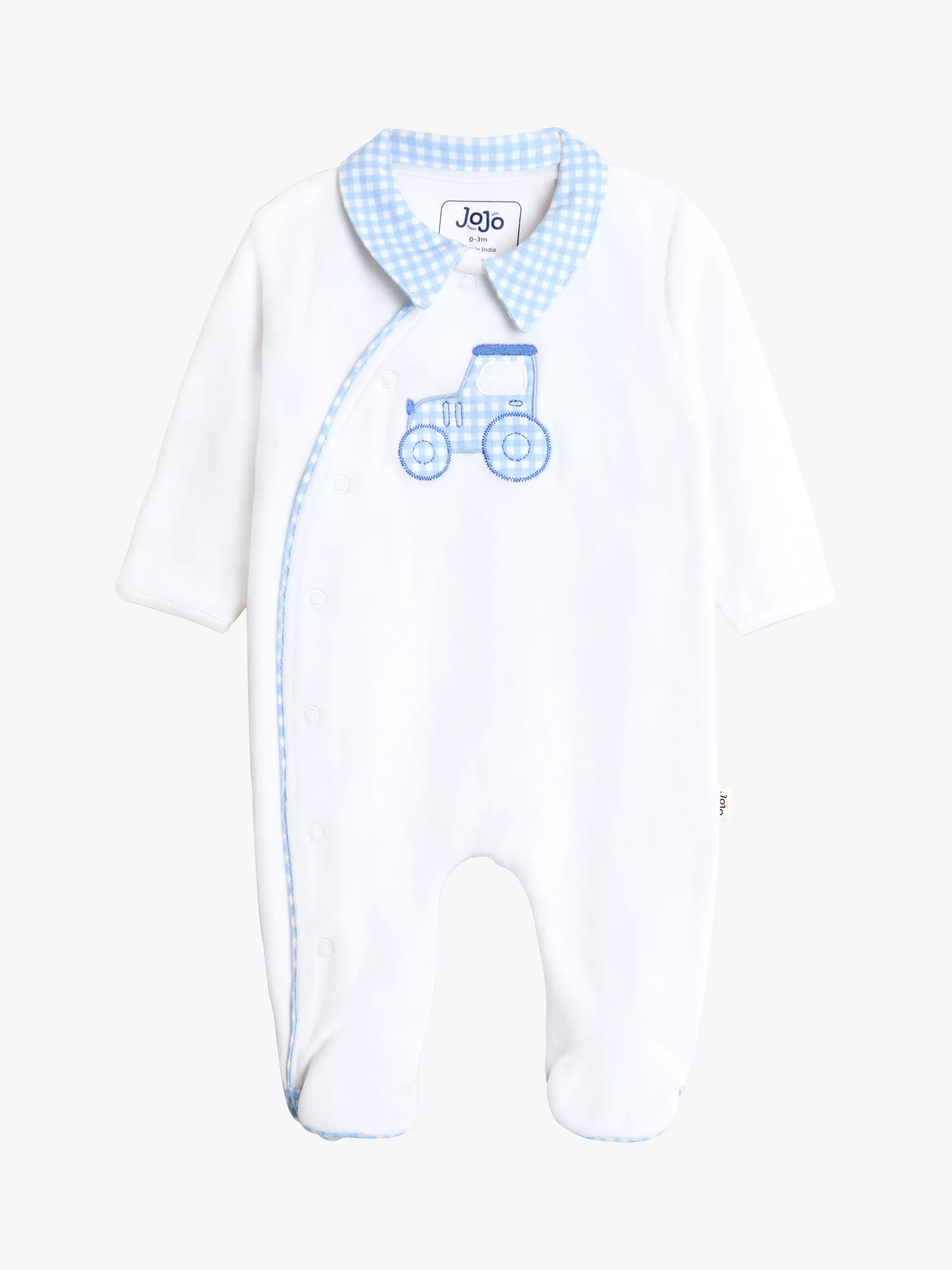 JoJo Maman Bébé Baby Tractor Velour Appliqué Footed Romper, White | John Lewis (UK)