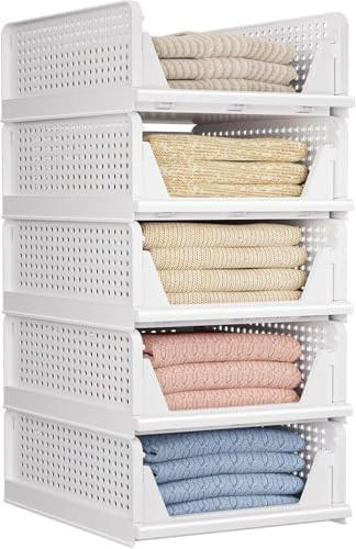 CTSNSLH 5 Pack Closet Organizers Storage Box, Closet Storage Stackable Storage Bins, Plastic Draw... | Amazon (US)