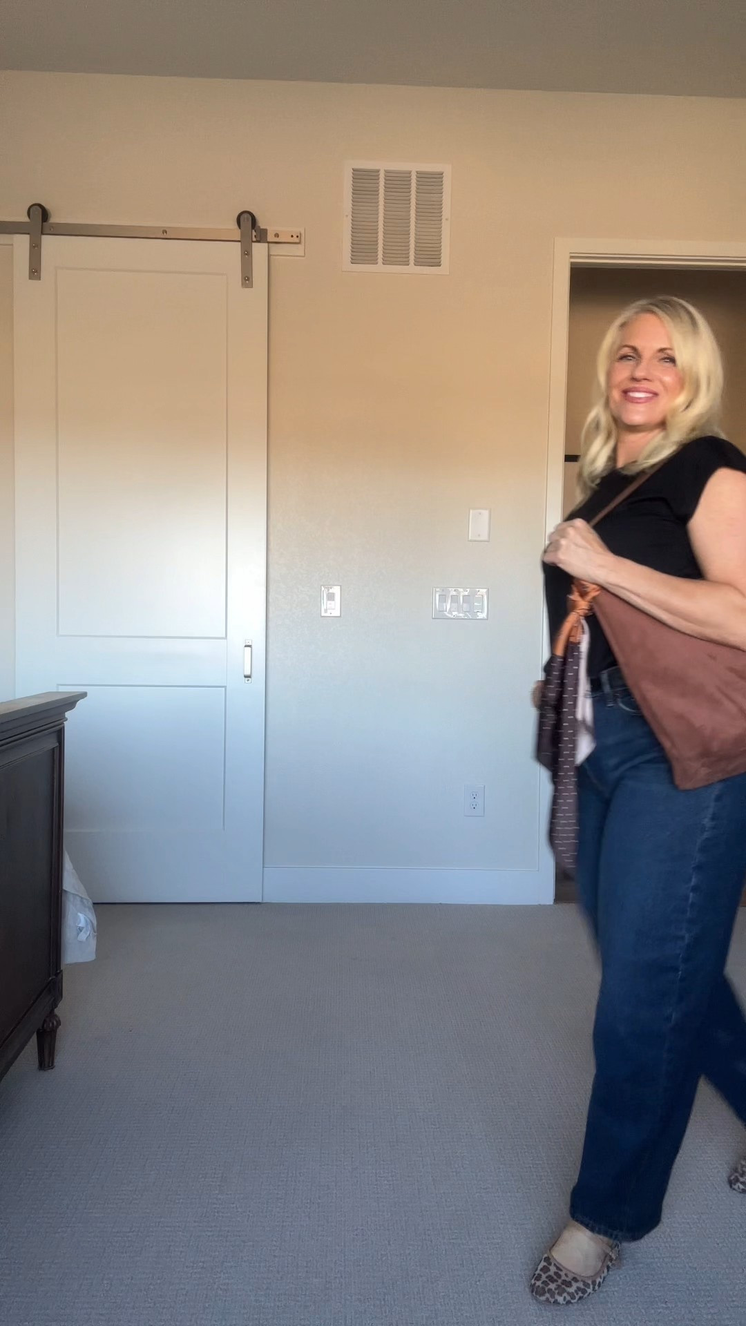 OOTD-barrel jeans, brown suede bag, printed scarf, LOFT, Anthropologie, leopard ballet flats, classic black tee

#LTKOver40