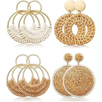 4 Pairs Handmade Raffia Rattan Bohemian Round Drop Dangle Earrings for Women, Boho Statement Cute... | Amazon (US)