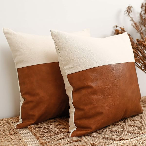 Faux Leather Throw Pillow Covers 18x18 Set of 2 Modern Boho Farmhouse Accent Decorative Pillow Cover | Amazon (US)