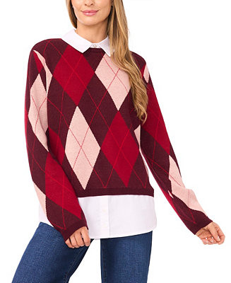 Women's Argyle Collared Long Sleeve Twofer Sweater | Macy's
