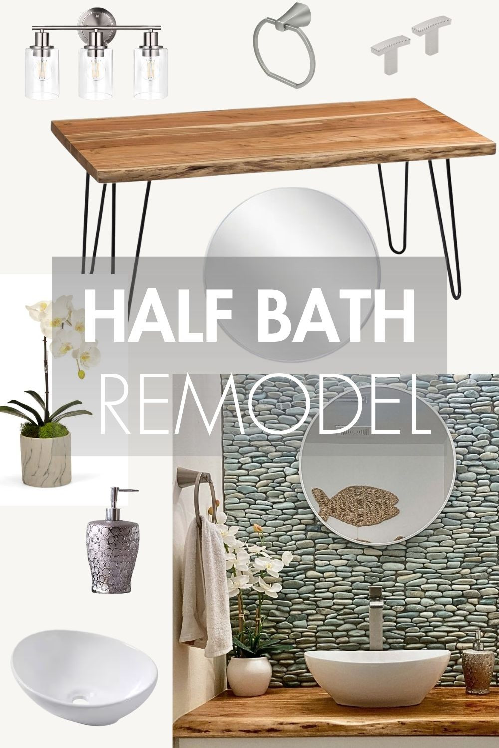 Coastal Chic Half Bath Remodel. This is my favorite room in our home - my spa inspired bathroom. My powder room inspiration comes from nature with a relaxing but leveled up vibe with a chic spa like feel. Although I think of it as a modern coastal bathroom, it could also work for a boho or a farmhouse style half bath. Read more and see before and after photos on my blog DressingArtist.com. #SmallBathroomremodel #SmallHalfBathroomIdeas #affiliatelinks #coastalhalfbath #HalfBathroomRemodel 

 #LTKHome