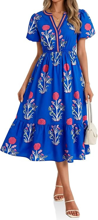 Cicy Bell Womens Summer Floral Print Maxi Dress A Line Puff Short Sleeve V Neck Boho Dresses Flow... | Amazon (US)