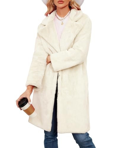 VOROFY Faux Fur Jacket Women Fuzzy Warm Winter Long Sleeve Lapel Collar Long Fur Coats Outerwear Overcoat (Beige-M) | Amazon (US)