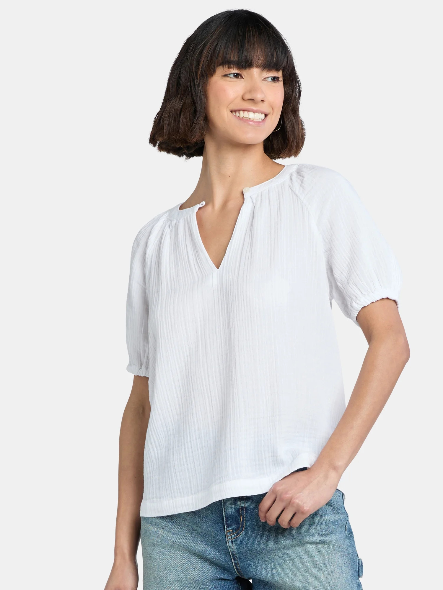 Time and Tru Women's Double Cloth Cotton Top with Short Sleeves, Sizes XS-XXXL | Walmart (US)
