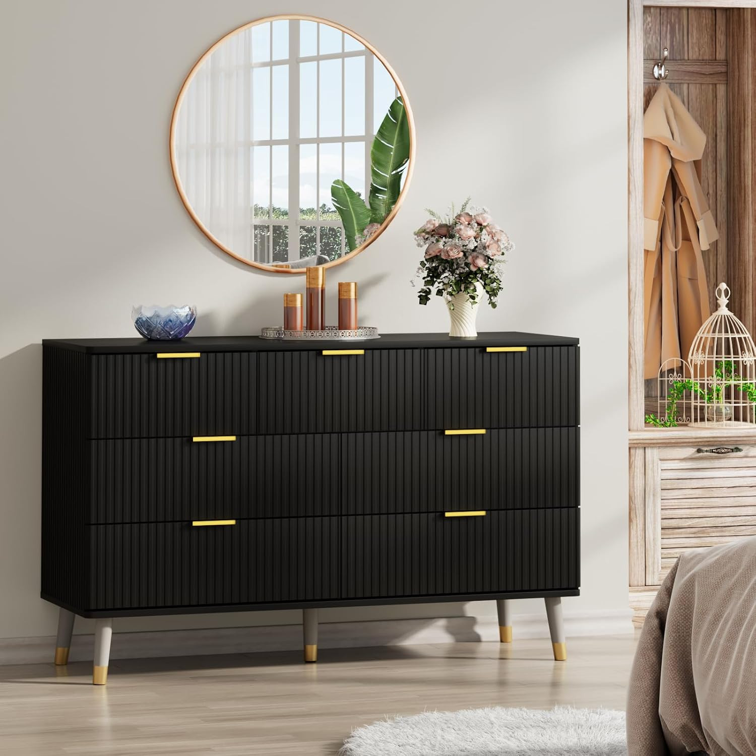 Tradare Black Dresser for Bedroom, 7 Drawer Dresser with Gold Metal Handles, Wood Modern Dresser ... | Amazon (US)
