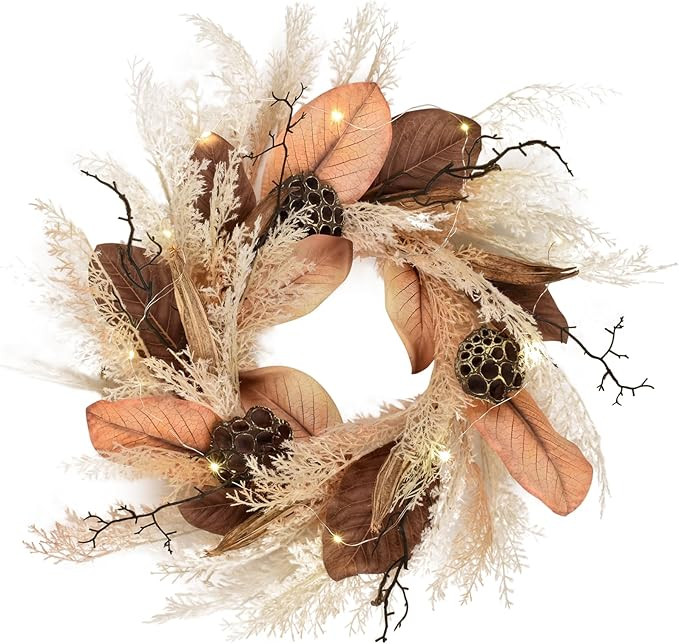 24" Fall Wreaths with Led for Front Door Outside Decor Plastic Rattail Grass, Magnolia Leaves, Ok... | Amazon (US)