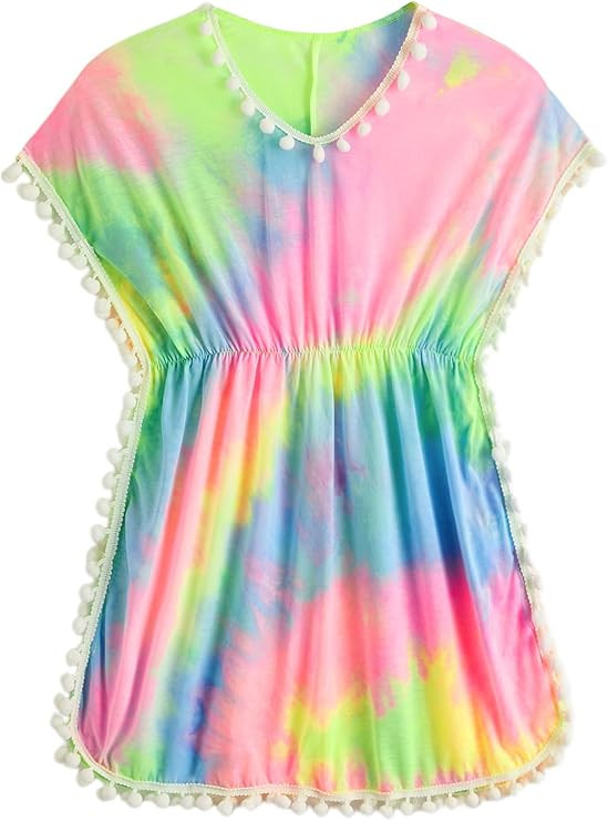 Milumia Girl's Beach Coverup Tie Dye Pompom Trim Swimsuit Bathing Suit Cover Up Swimwear | Amazon (US)