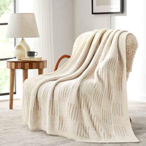 Snuggle Sac Cream Checkered Throw Blanket,Fluffy Faux Fur Reversible Soft Microfiber Warm Throw Blankets for Couch, Sofa,Travel,Cute Lightweight Striped Throws for Women, Heather Cream, 50x60 inches | Amazon (US)