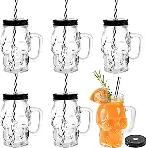 TOPZEA 6 Pack Glass Mason Drinking Jars with Handle, 16 Oz Skull Beer Mugs Wide Mouth Tumbler Cup... | Amazon (US)
