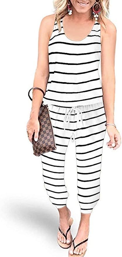 ANRABESS Womens Summer Scoop Neck Sleeveless Striped Tank Top Jumpsuit Rompers | Amazon (US)
