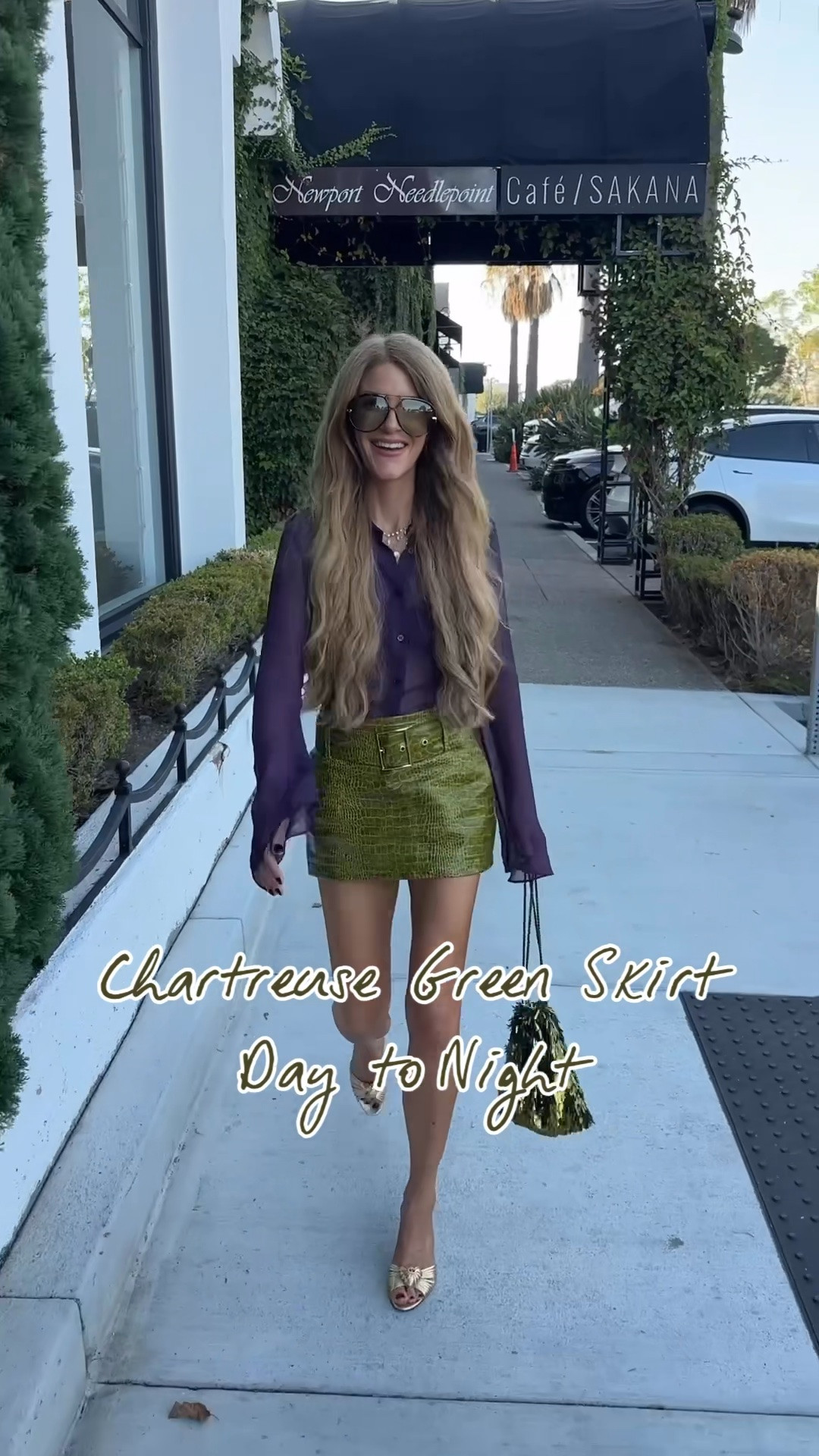Fall outfit charteuse green croc embossed mini skirt for day with a tee & sweater and night with a purple sheer top. Runs true! Such a fun unexpected piece

#LTKootd #LTKSeasonal