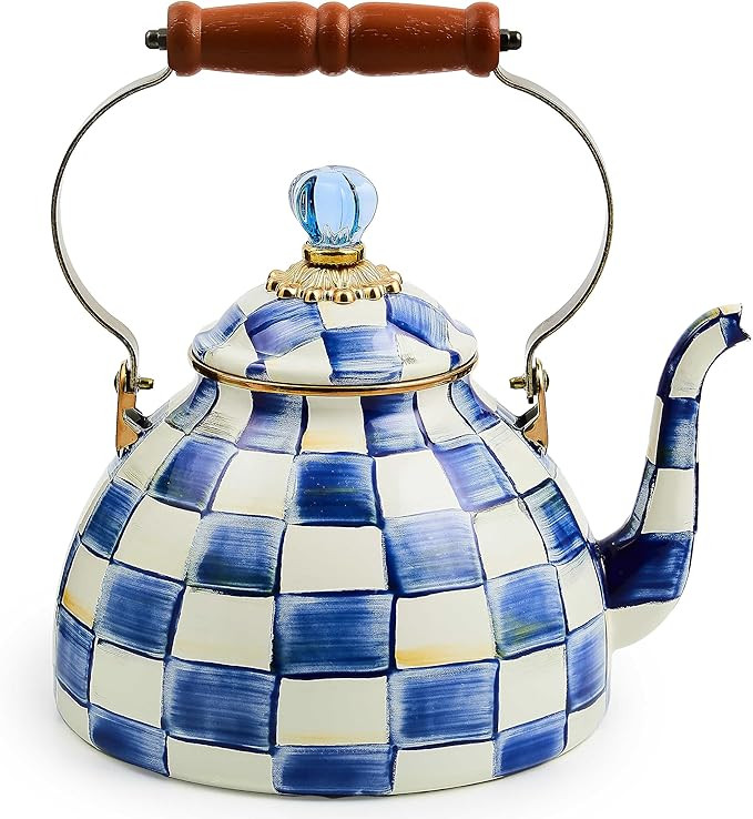 MACKENZIE-CHILDS Enamel Tea Kettle, Stylish Tea Kettle for Stovetop, Blue-and-White Royal Check, ... | Amazon (US)