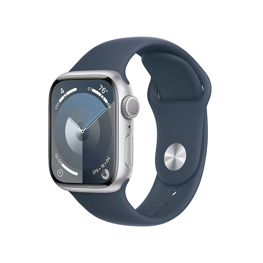 Apple Watch Series 9 (GPS) 41mm Silver Aluminum Case with Storm Blue Sport Band S/M Silver MR903L... | Best Buy U.S.