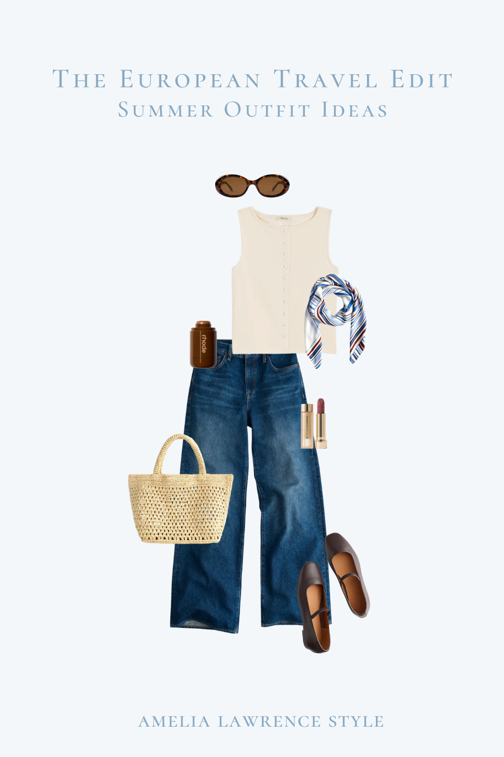 Summer outfit ideas for your next vacation to Europe. Tank top, sunglasses, bag, Rhode, bronzer, Merit, lipstick, scarf, silk scarf, ballet flats, jeans, Madewell, Sephora.  

 #LTKootd #LTKSeasonal #LTKTravel