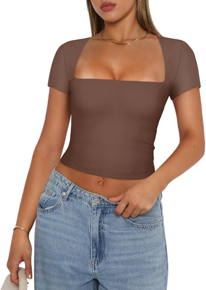 REORIA Women's Sexy Square Neck Short Sleeve Double Lined Tight T Shirts Crop Tops | Amazon (US)
