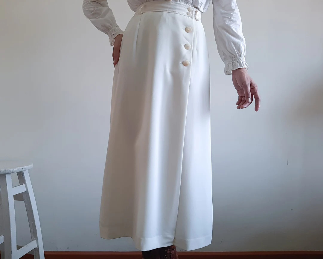 Vintage Ivory Button Front Midi Skirt Elastic Waist - Etsy | Etsy (US)