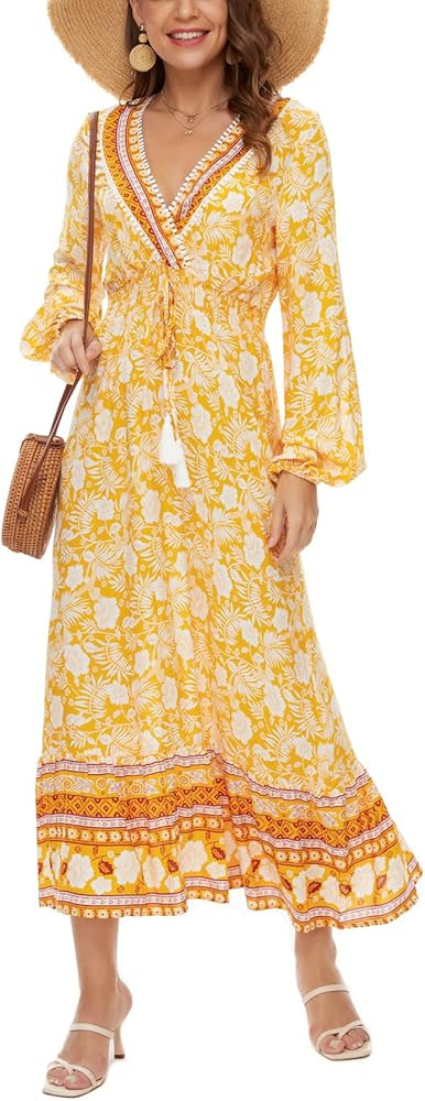 COMELY Womens V Neck Boho Maxi Dress Short Sleeve Floral Summer Dress with Stretchy Waist | Amazon (US)