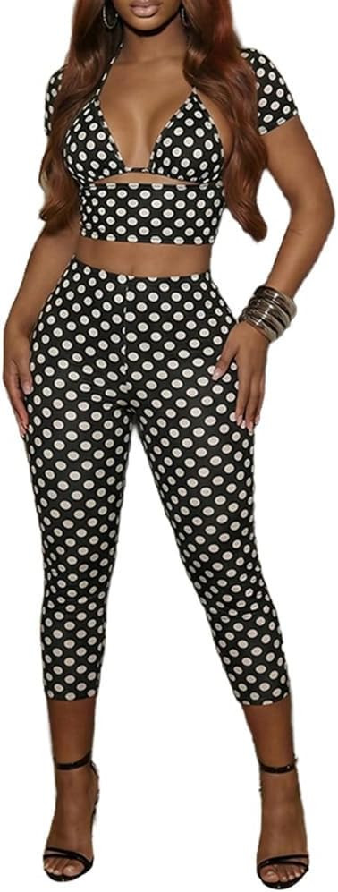 Molilove Polka Dot 3 Piece Outfits for Women Sexy Short Sleeve Halter Crop Top and Bodycon Pants ... | Amazon (US)