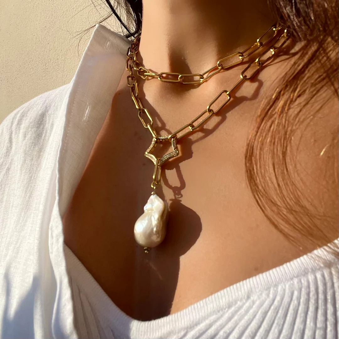 Chunky Gold Layered Chain Necklace With Baroque Pearl, 18K Gold Plated, Trendy Star Clasp, Handma... | Etsy (US)